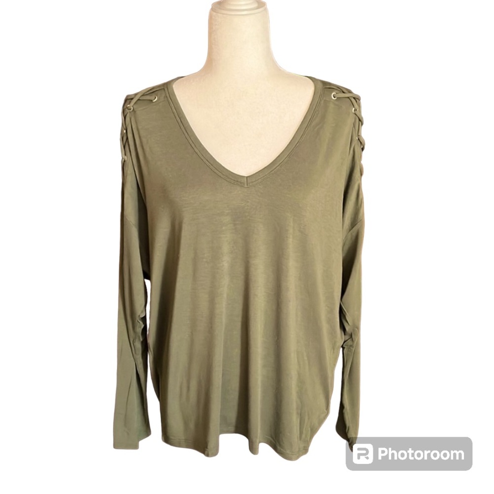 Express Olive Green Long Sleeve Lattice Eyelet Shoulder Tunic Top Size L